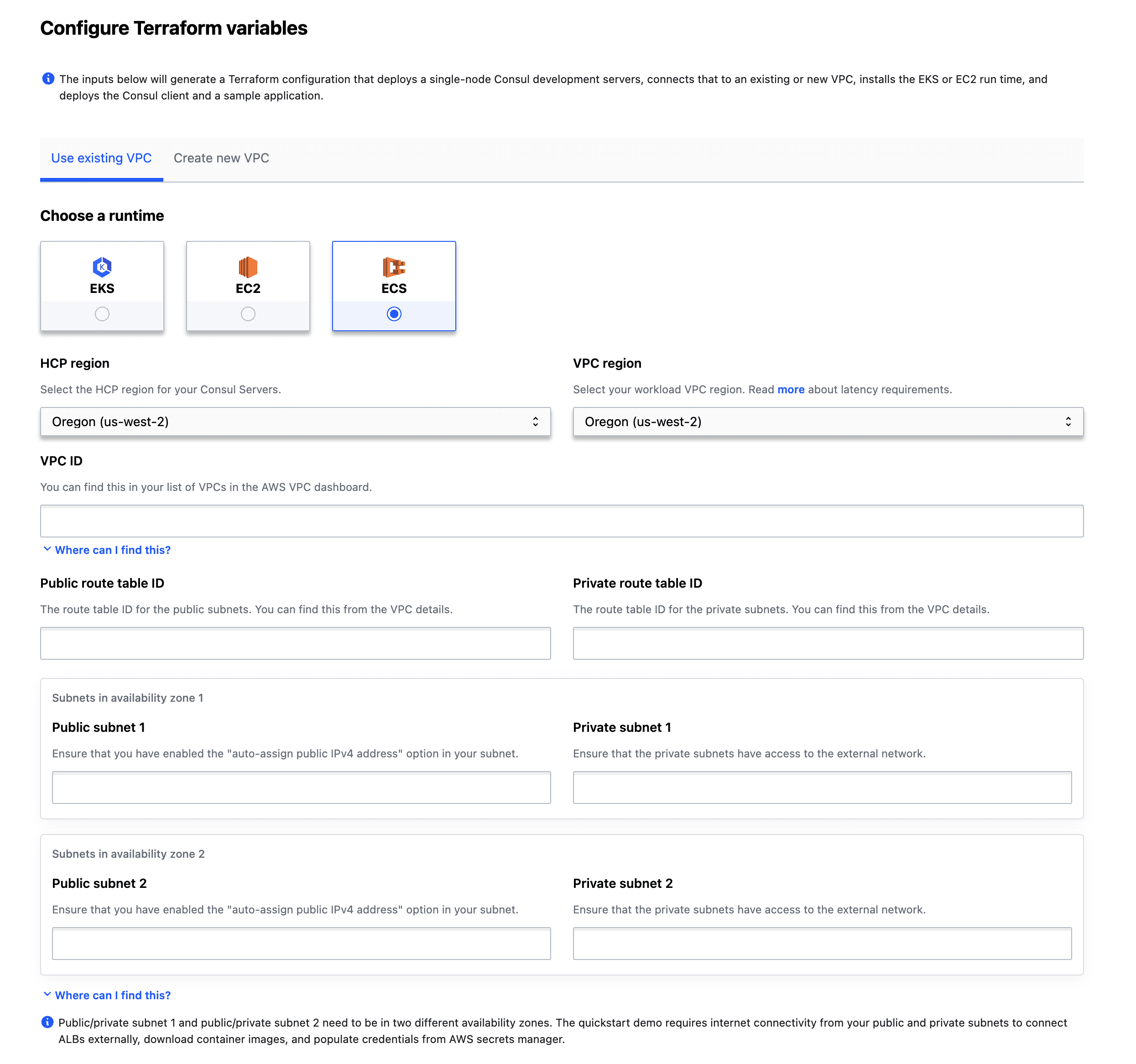 HCP UI Consul - Deploy with Terraform - ECS with existing VPC