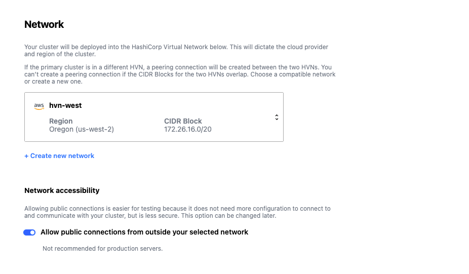 The Consul cluster creation page with a focus on HVN