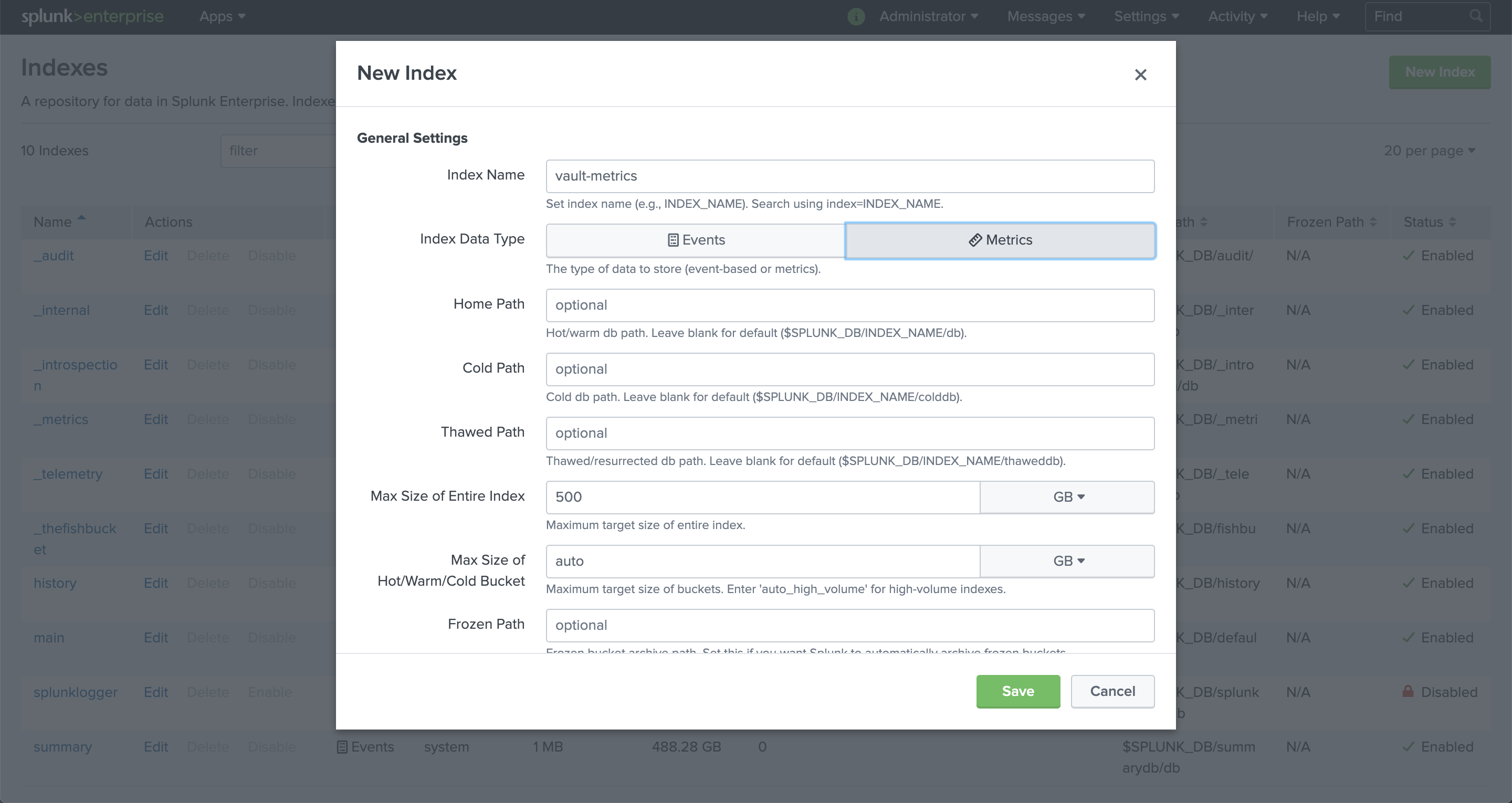 Example metrics index configuration