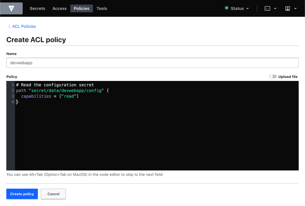 Policies - create devwebapp policy